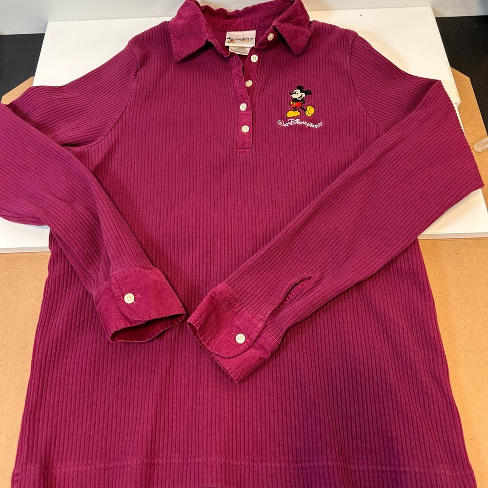 Walt Disney World Long‎ Sleeve Ribbed Burgundy Polo Mickey Mouse Women’s Large